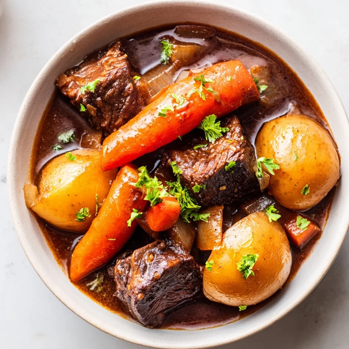 Steaming bowl of Guinness-Style Alcohol-Free Beef Stew with tender beef chunks, carrots, and potatoes in a rich, dark gravy.
