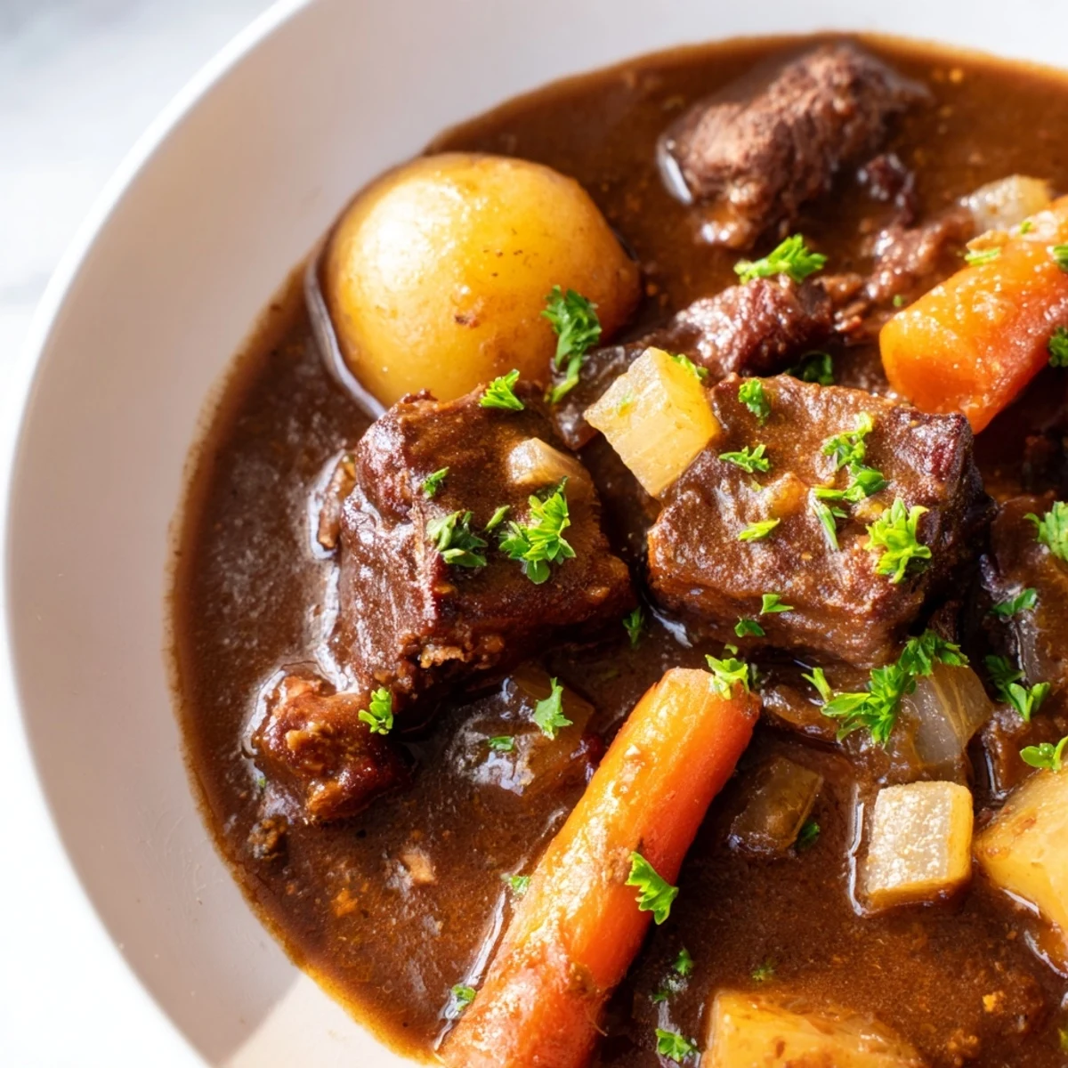 A hearty pot of Guinness-Style Alcohol-Free Beef Stew, featuring parsnips and celery simmered in a dark, malty broth until fork-tender.