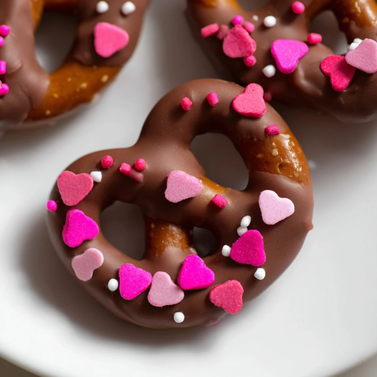 Golden chocolate-dipped pretzels adorned with red heart sprinkles sit on parchment paper, ready for Valentine’s snacking.  