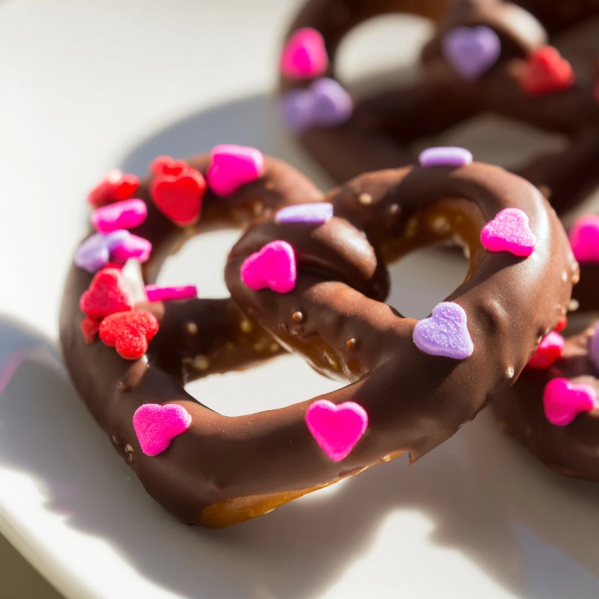 Chocolate Dipped Pretzels with Heart Sprinkles are arranged on a cooling rack, showing off their glossy, sweet-salty finish.  