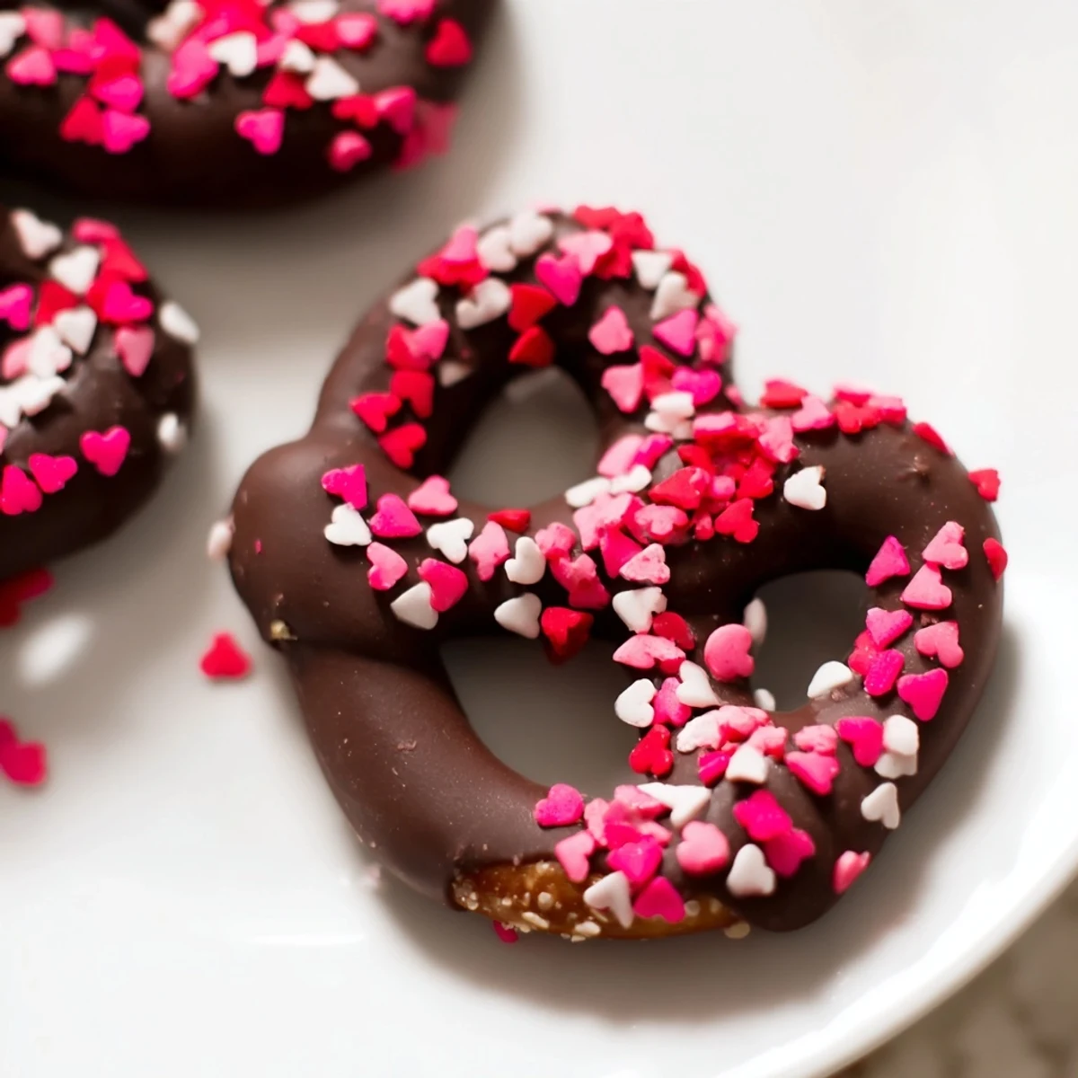 A close-up of Chocolate Dipped Pretzels with Heart Sprinkles highlights the crunchy texture and festive red hearts.