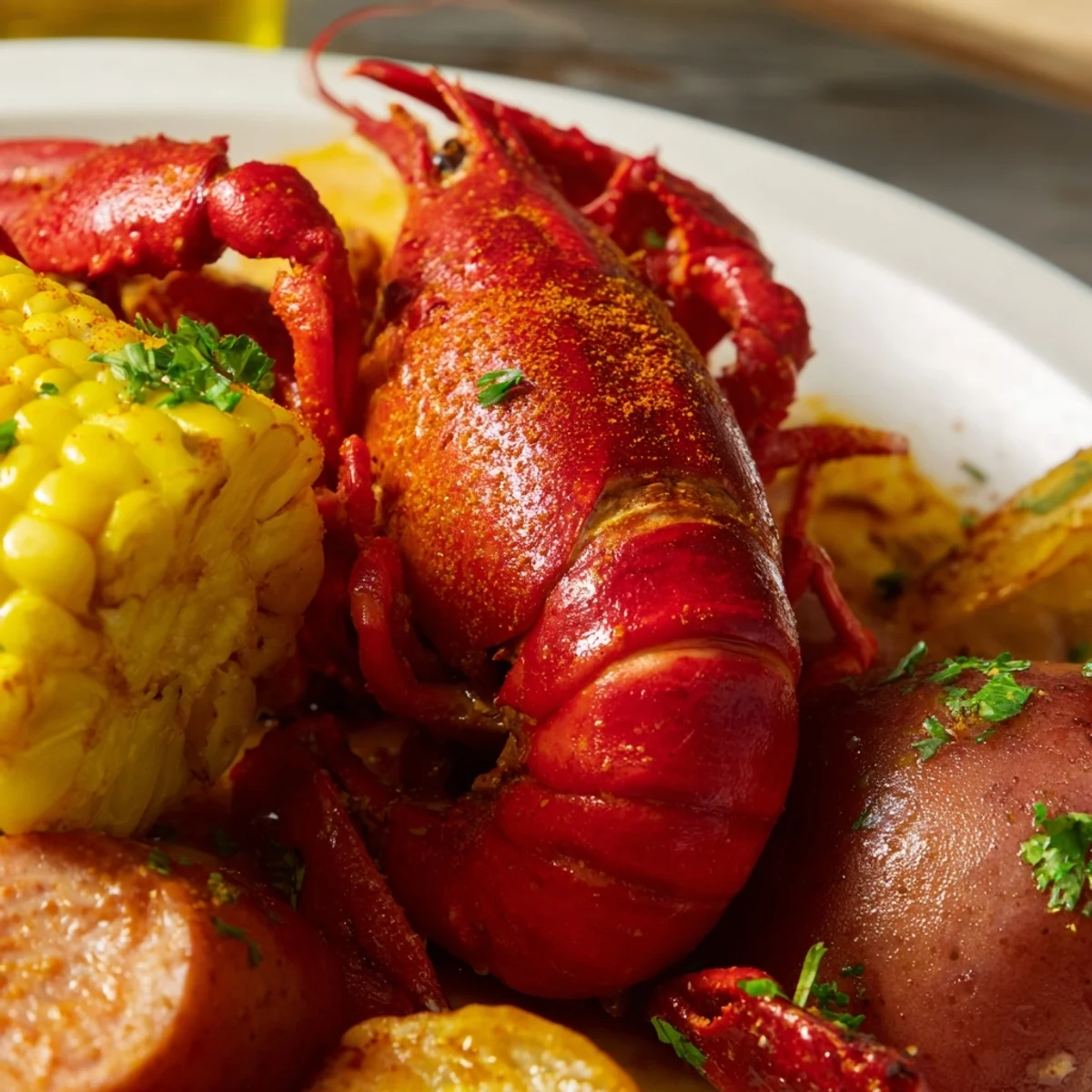 A vibrant Spicy Cajun Crawfish Boil with red potatoes, sausage, and corn on a platter, seasoned with bold spices.