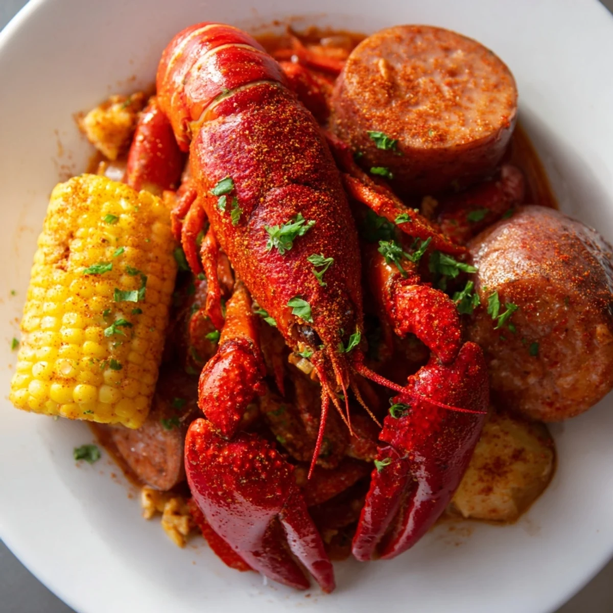 Family-style Spicy Cajun Crawfish Boil served outdoors with corn on the cob and red potatoes, garnished with fresh parsley.