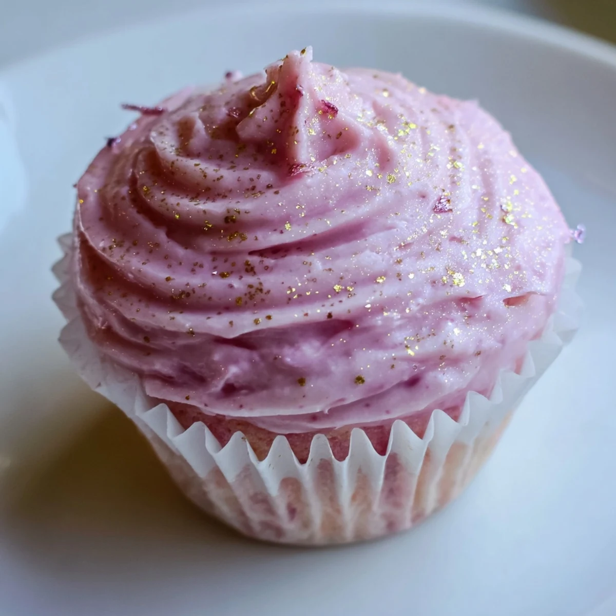 Light, fluffy Pink Champagne Cupcakes topped with fluffy pink frosting and edible glitter for a festive party dessert.  