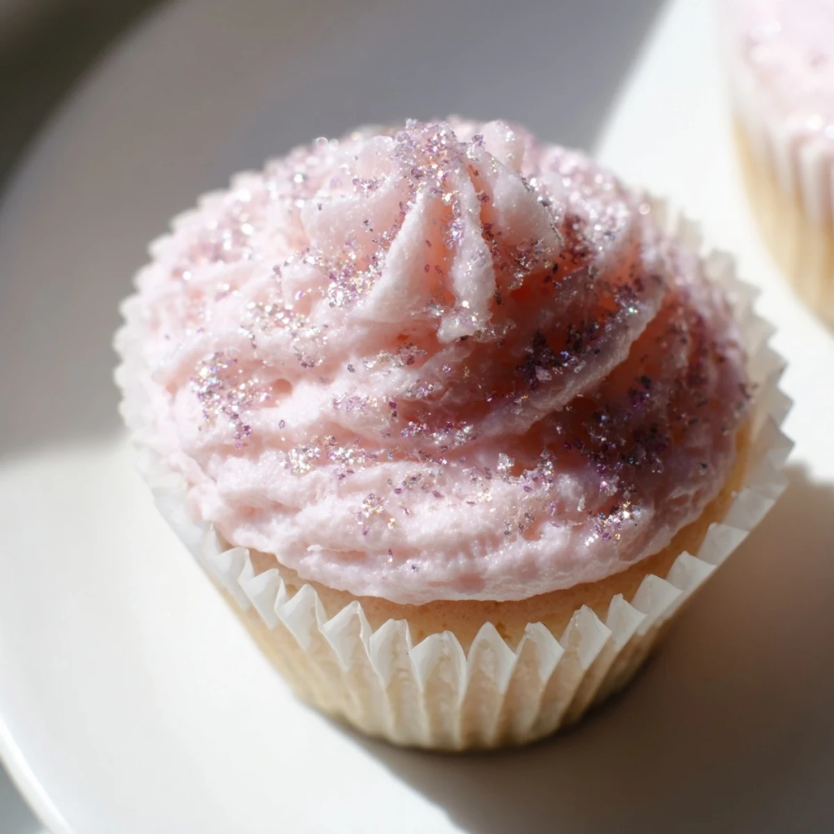 Pink Champagne Cupcakes sit on a rustic wooden board, garnished with pink sugar crystals and fresh raspberries.  