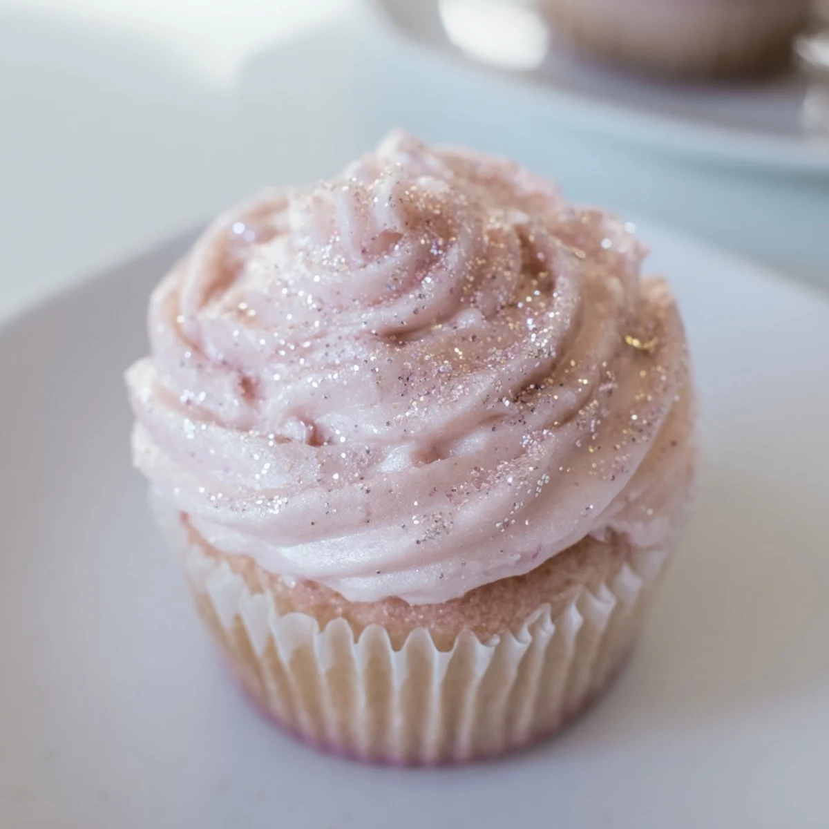 Close-up of moist Pink Champagne Cupcakes with velvety pink frosting, perfect for birthday or bridal shower treats.