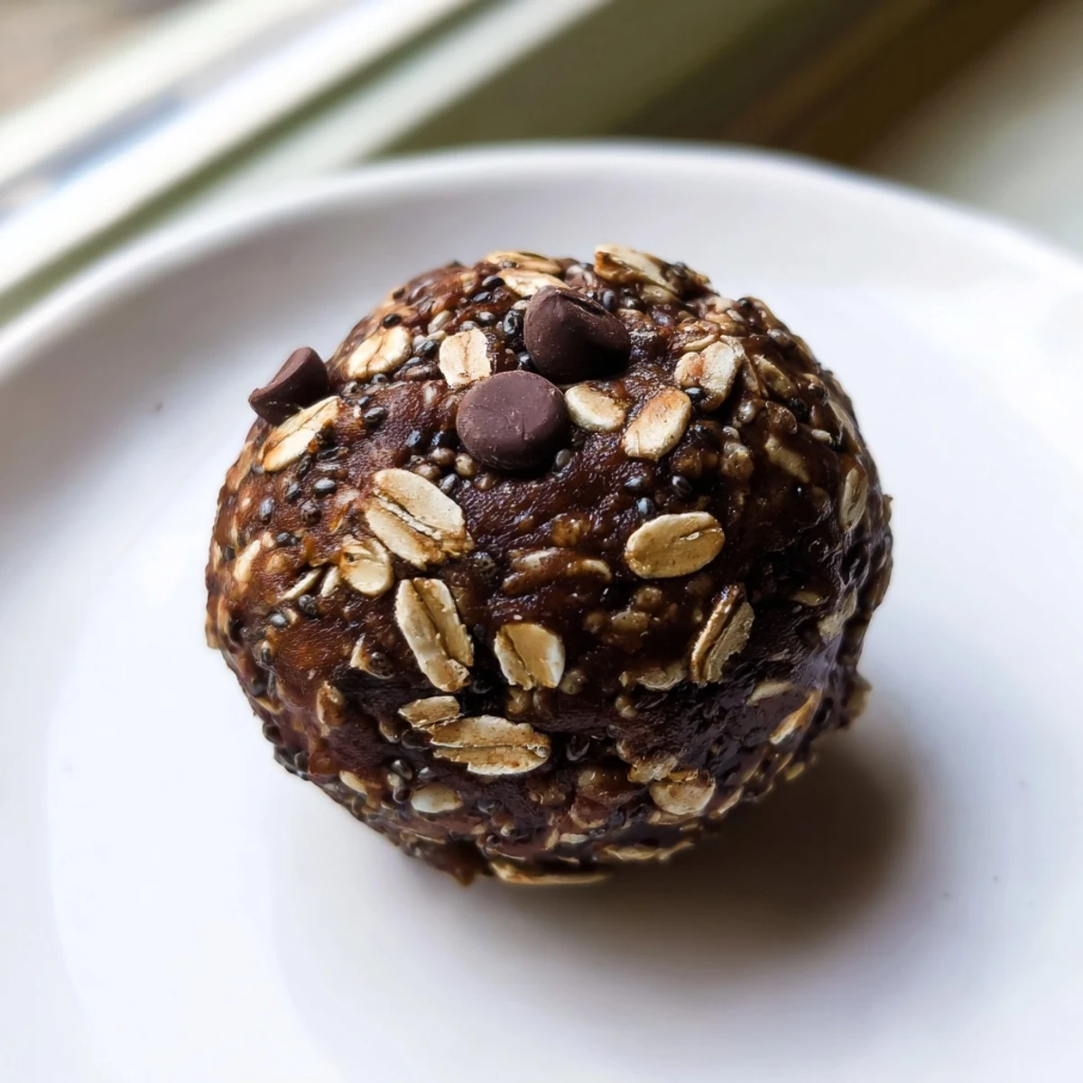 Freshly rolled Chocolate Peanut Butter Energy Bites are arranged in a glass jar next to a cup of coffee for a perfect snack.