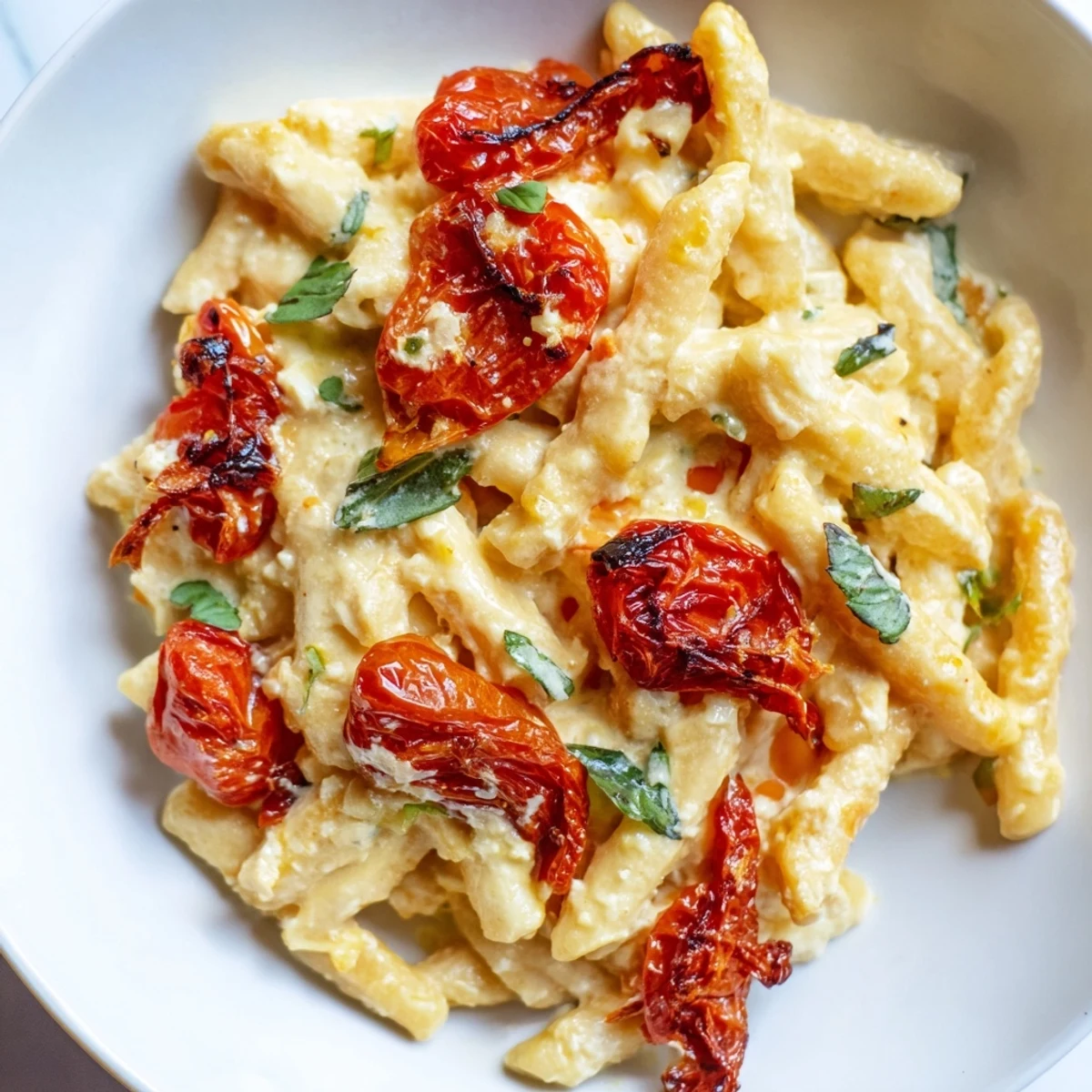 Golden roasted cherry tomatoes and a block of creamy feta create a vibrant sauce for this Baked Feta Pasta with Cherry Tomatoes, served warm with fresh basil garnish.  