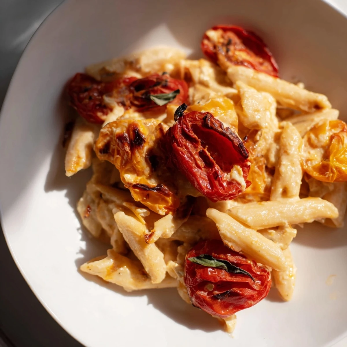 An easy weeknight meal, this Baked Feta Pasta with Cherry Tomatoes combines savory roasted tomatoes, rich feta, and tender pasta with a garnish of fresh basil.