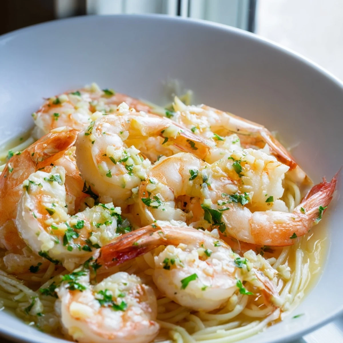 Succulent pink shrimp glisten in a lemon-garlic butter sauce over al dente linguine, topped with fresh parsley garnish.  