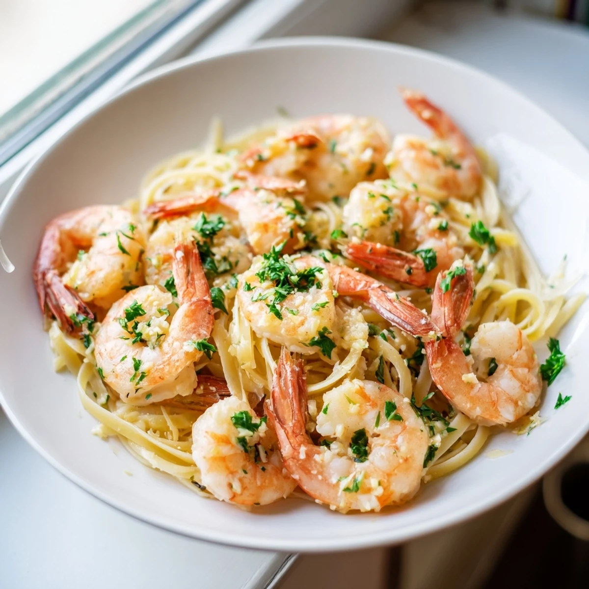 Lemon Garlic Shrimp Scampi with Parsley served warm on a white plate, with a lemon wedge for squeezing.  