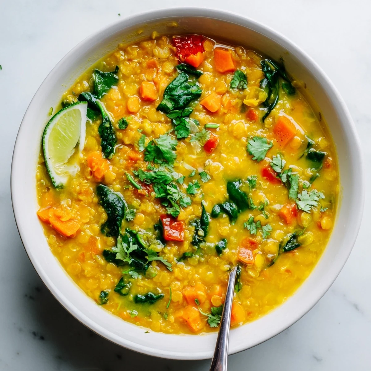Creamy coconut curry lentil soup with tender red lentils, carrots, and fresh baby spinach garnished with cilantro.  