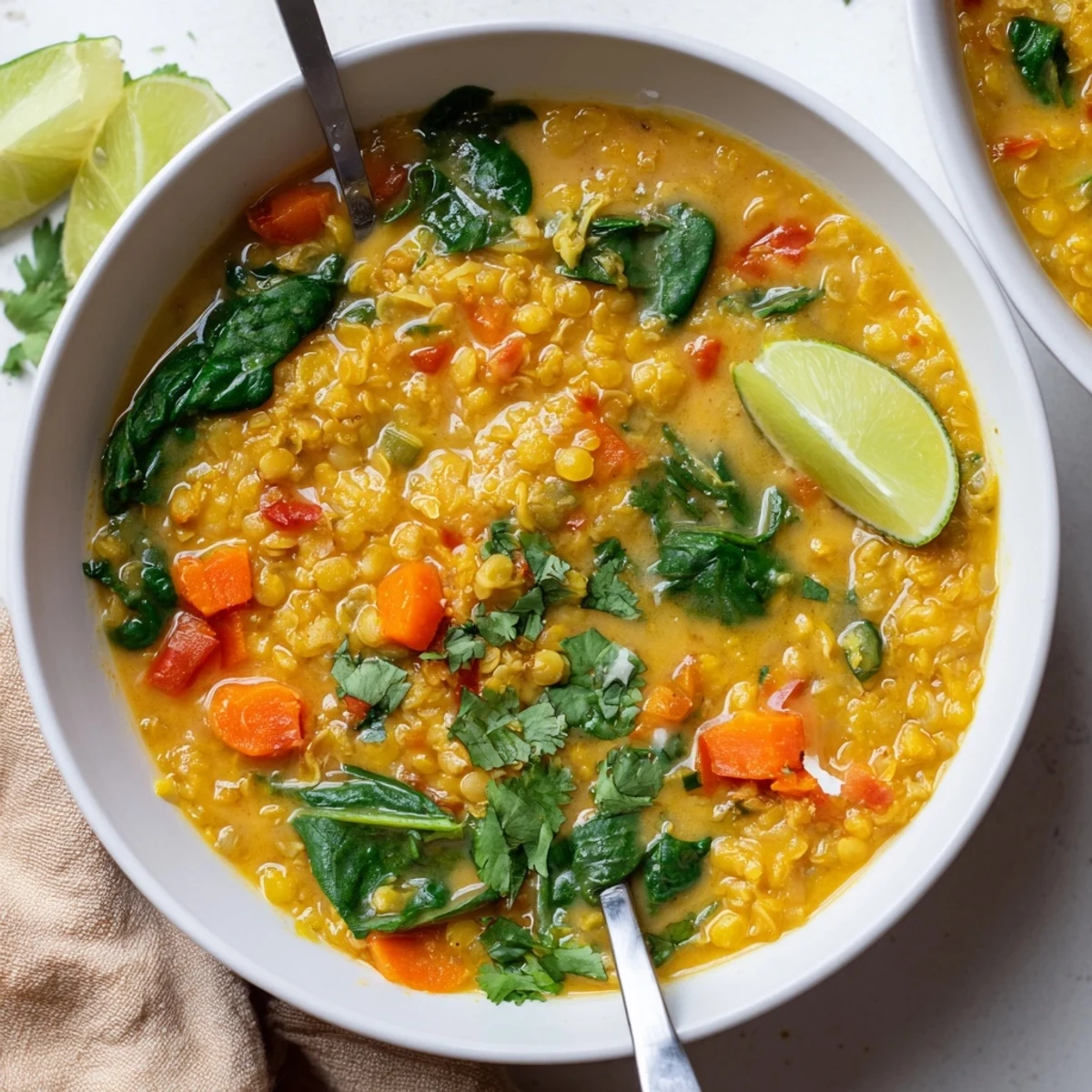 Vibrant bowl of coconut curry lentil soup with baby spinach and lime wedges, served with warm naan on the side.