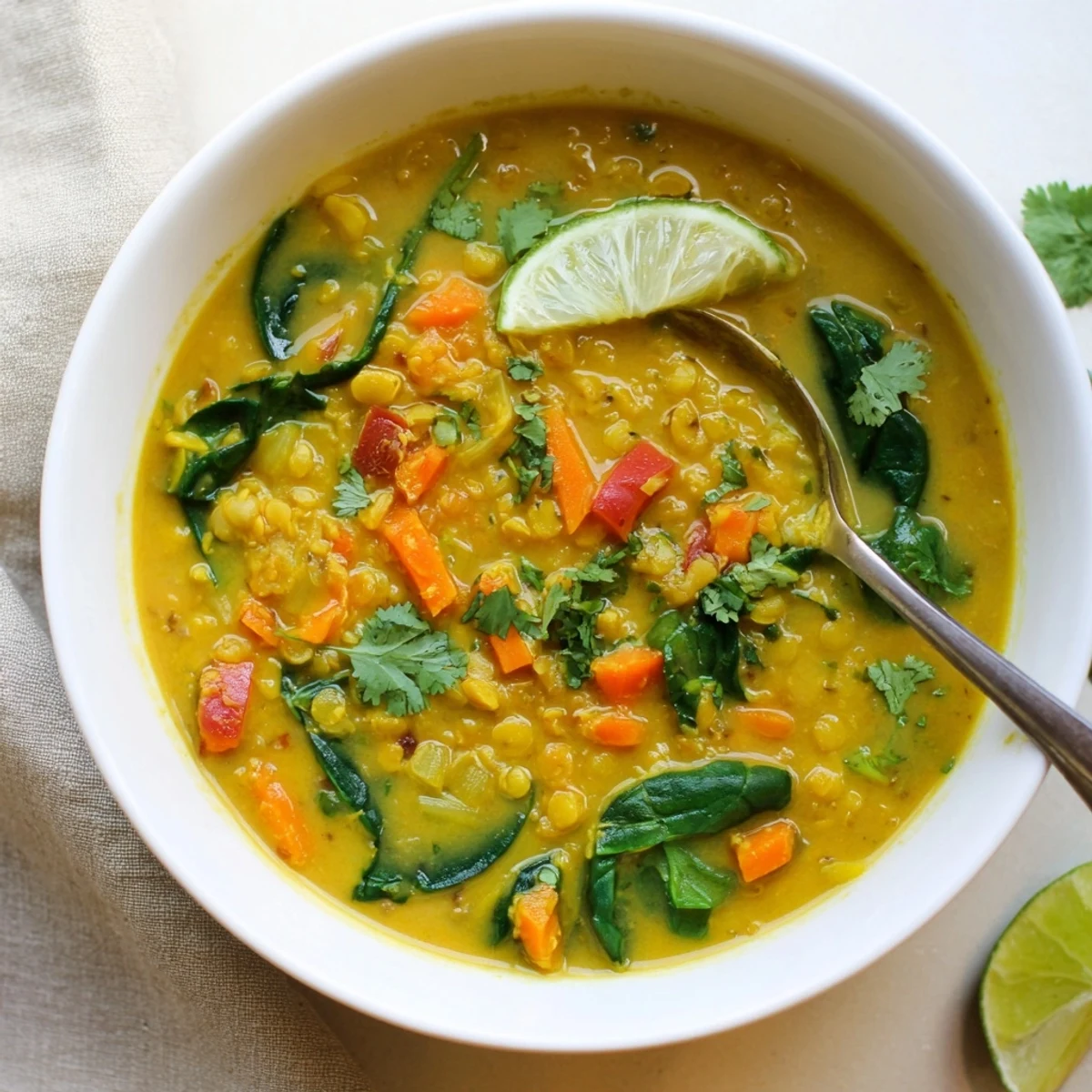 Steaming pot of coconut curry lentil soup featuring baby spinach, coconut milk, and warm spices for cozy meals.  