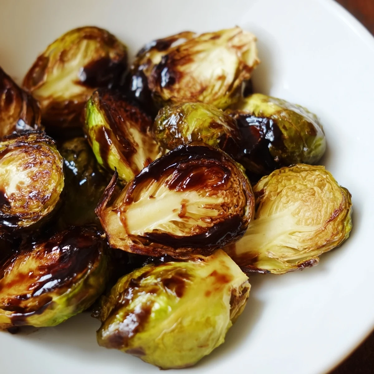 Golden-brown roasted Brussels sprouts drizzled with a tangy balsamic glaze on a rustic platter.  