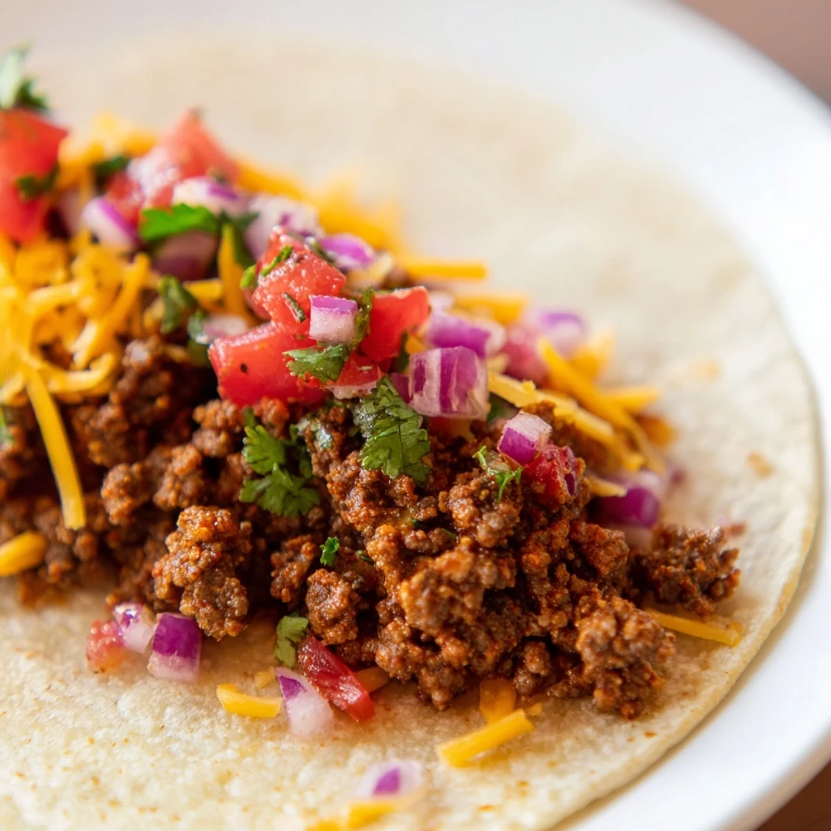 Golden-brown, seasoned ground beef nestled in warm corn tortillas, topped with homemade fresh tomato salsa and shredded lettuce.
