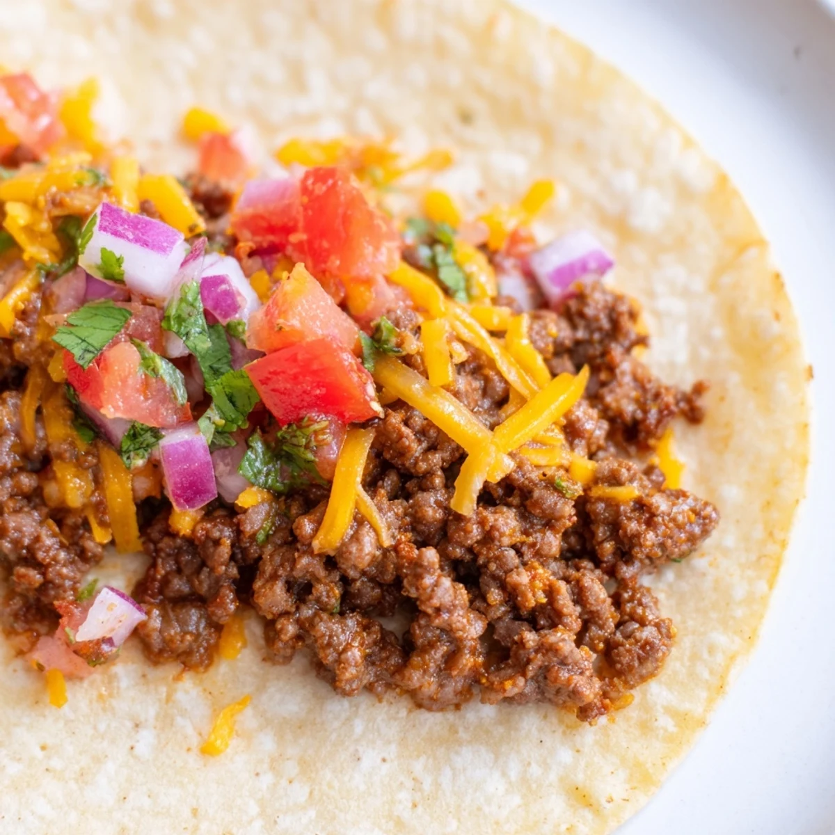 A close-up of Beef Tacos with Homemade Seasoning and Salsa, loaded with melted cheese and a dollop of sour cream.