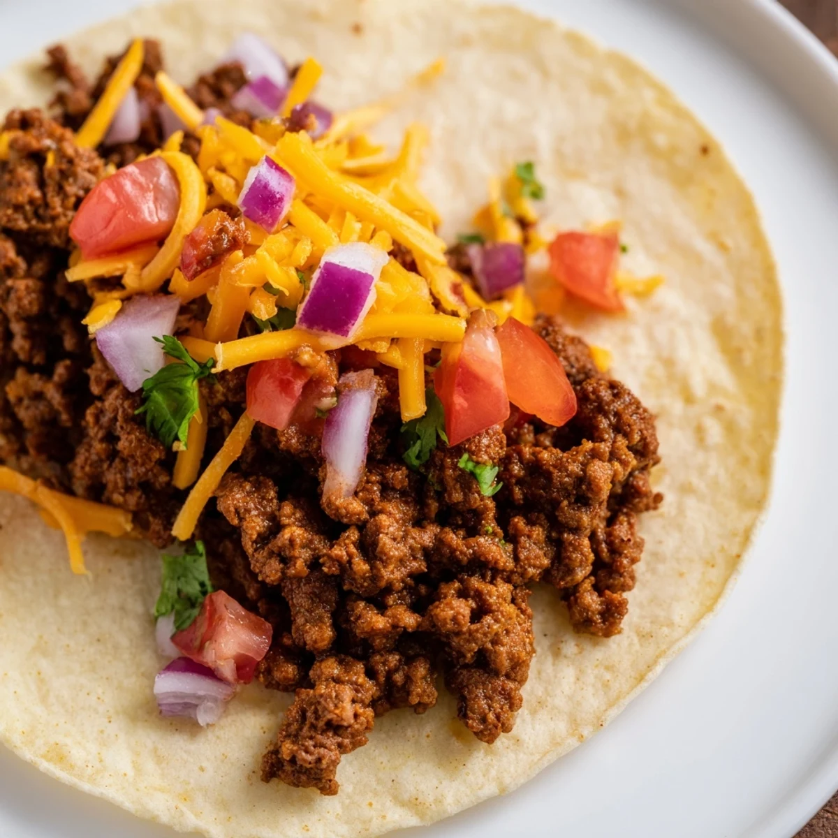 Hearty platter of Beef Tacos with Homemade Seasoning and Salsa, featuring lime wedges, fresh cilantro, and colorful toppings.