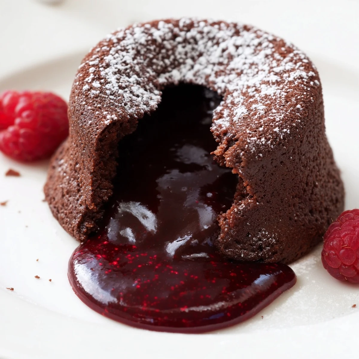 Freshly baked Chocolate Lava Cakes, served with a glossy red raspberry coulis pooling on the plate and dusted with cocoa powder for a rich dessert presentation.