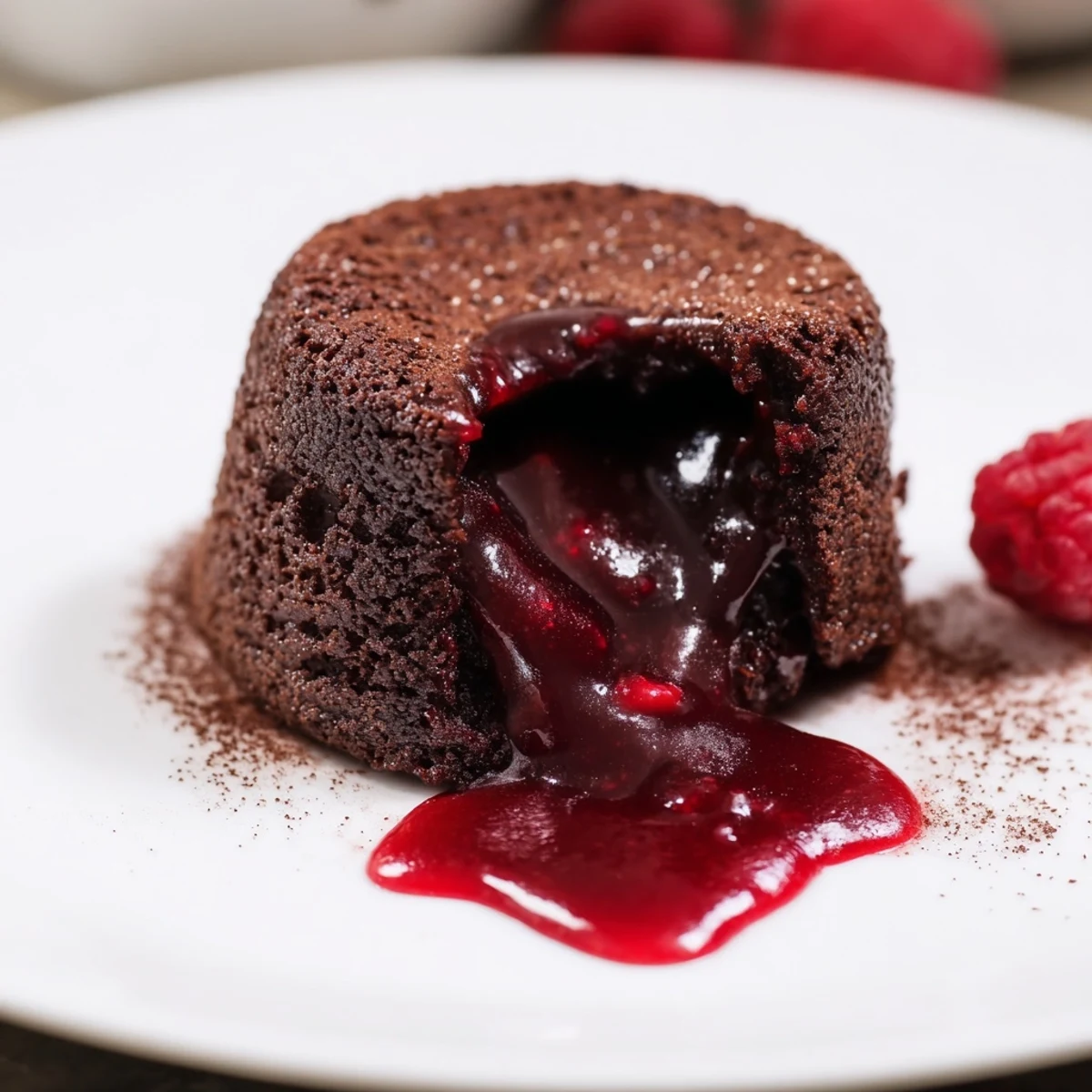 A close-up view of a Chocolate Lava Cake's oozing center, paired with a smooth raspberry coulis in a small white bowl, perfect for an elegant dinner party dessert.