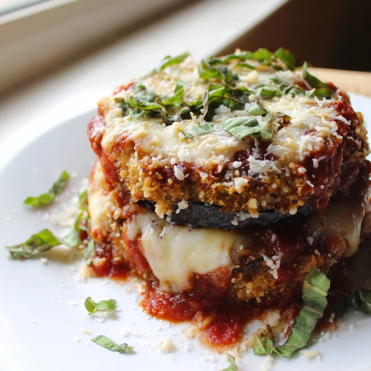 A close-up of baked Vegetarian Eggplant Parmesan with fresh basil, served hot from the oven on a rustic table.