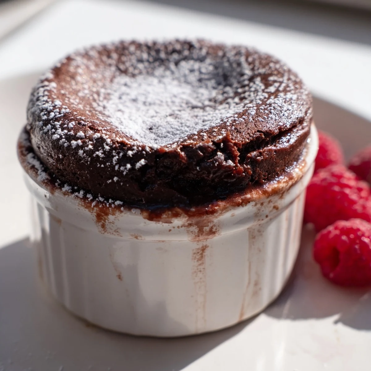 Golden-brown Valentine Chocolate Soufflé rising high in ramekins, dusted with powdered sugar and paired with fresh raspberries.