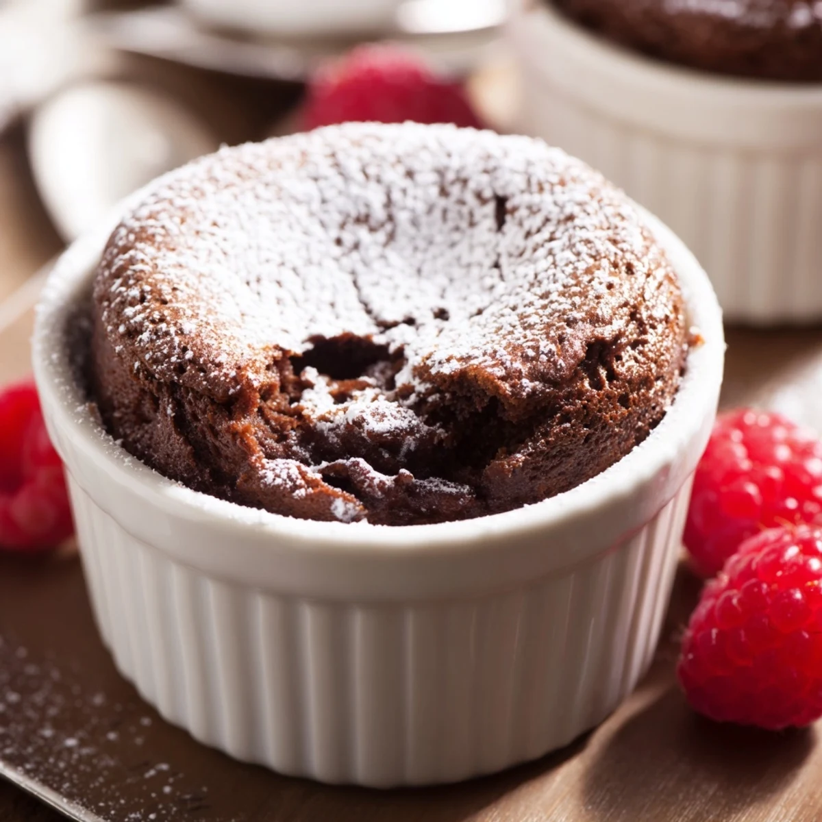 Light, airy Valentine Chocolate Soufflé on a dessert plate, garnished with sweet strawberries and a dusting of cocoa.