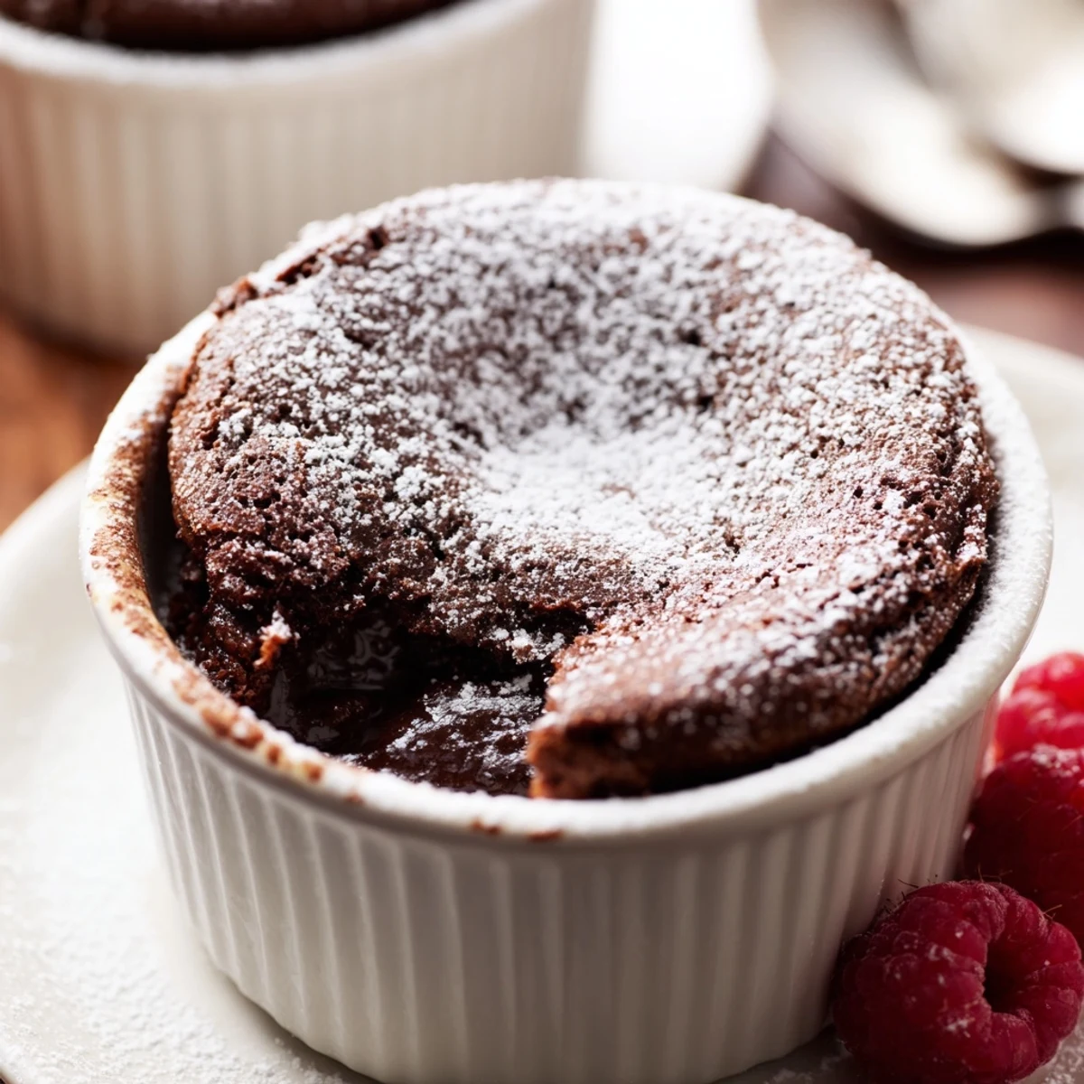 Steaming Valentine Chocolate Soufflé with a molten center, served warm alongside a dollop of whipped cream.