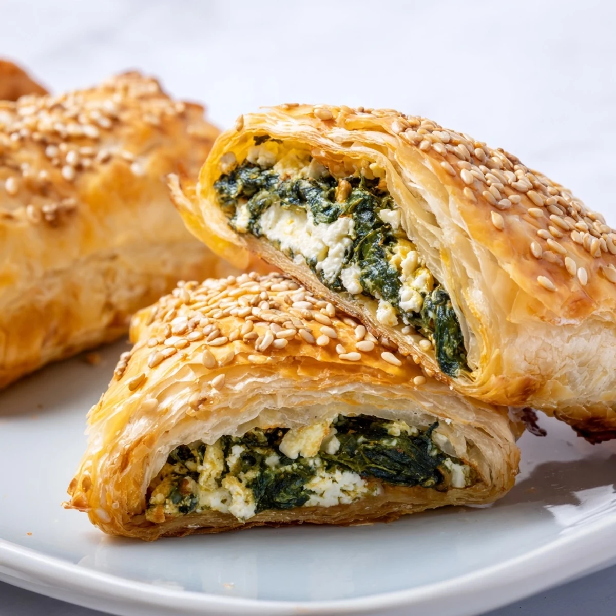 Flaky golden-green spinach and feta puff pastry slices, with creamy cheese and vibrant spinach peeking from the crispy layers.  