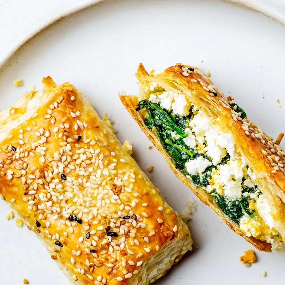 Brushed with egg wash and sesame seeds, this Mediterranean spinach and feta puff pastry bakes to a perfect golden brown.
