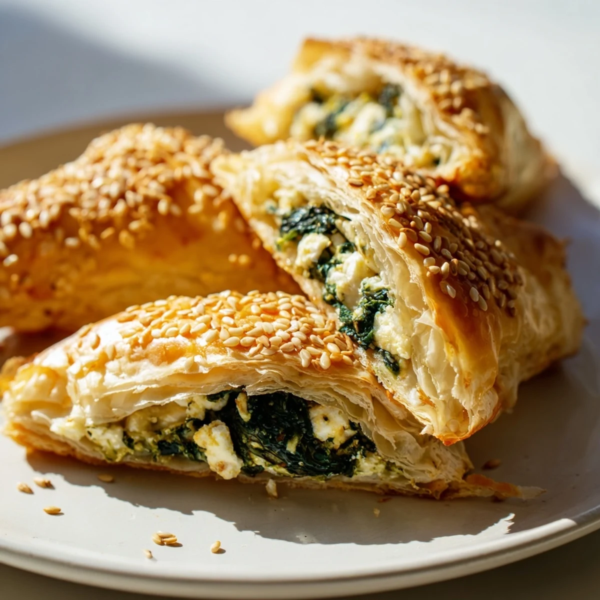 A warm vegetarian appetizer, Mediterranean spinach and feta puff pastry with a golden crust and savory filling, served on a rustic board.  