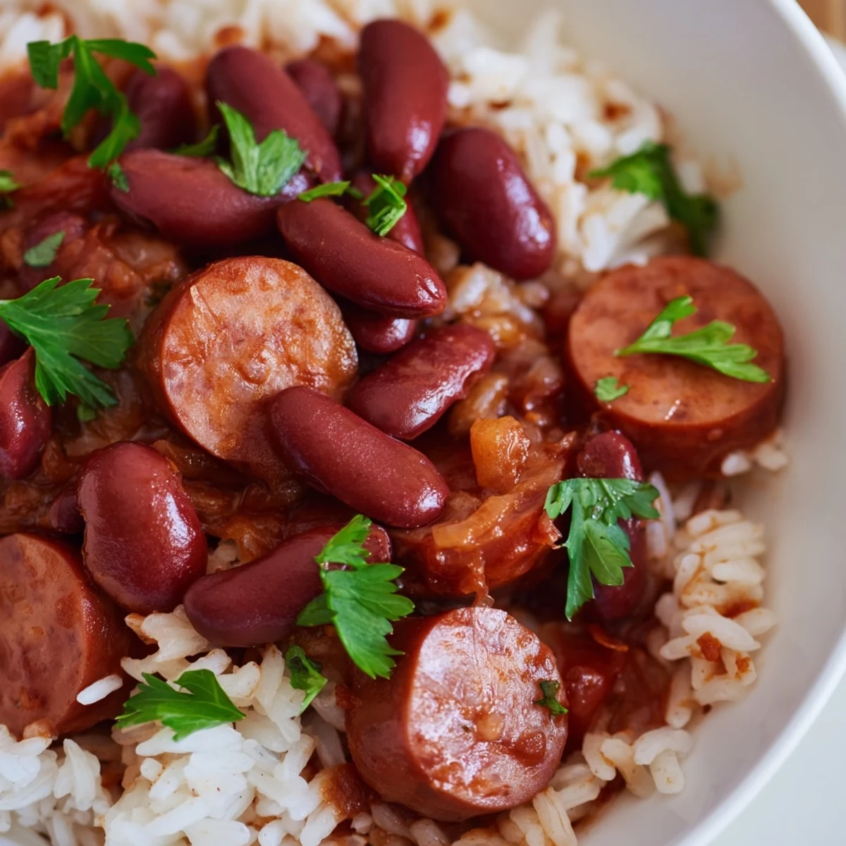 Golden-brown smoked sausage sizzling beside tender rice and creamy red beans in a rich, spicy Creole tomato sauce.