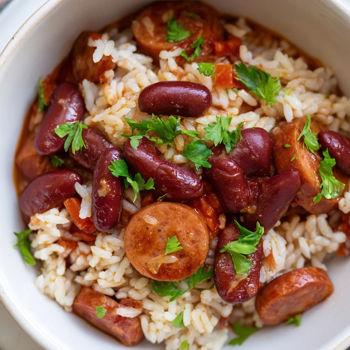 A hearty skillet of Creole Rice and Beans with Sausage, garnished with fresh parsley, served family-style in a rustic bowl.