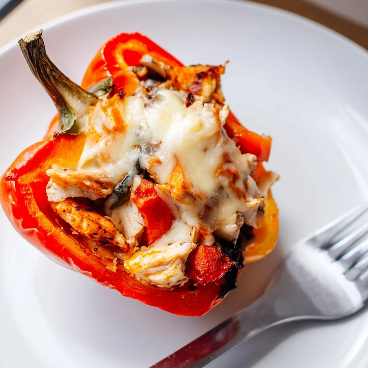 Golden-brown bell pepper halves stuffed with tender chicken fajita filling, topped with melted Monterey Jack cheese and fresh cilantro.
