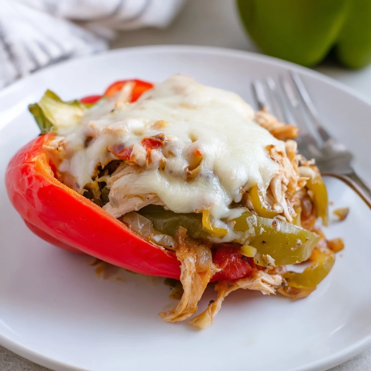 A close-up view of Tex-Mex chicken fajita stuffed peppers, showing colorful sautéed vegetables and bubbly, melted cheese.