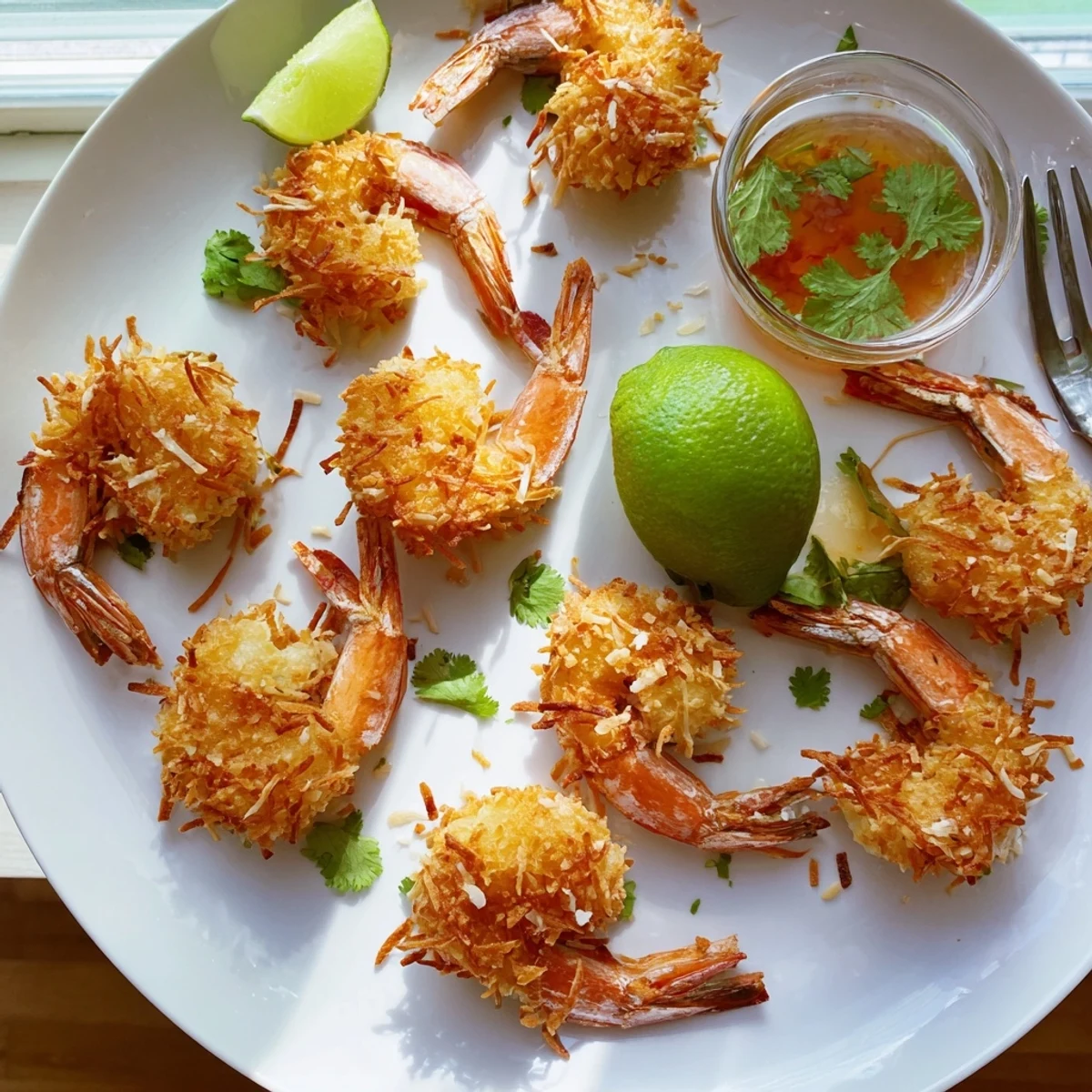 Crispy Coconut Shrimp glistening with golden panko, served alongside a vibrant sweet chili dipping sauce on a rustic plate.  