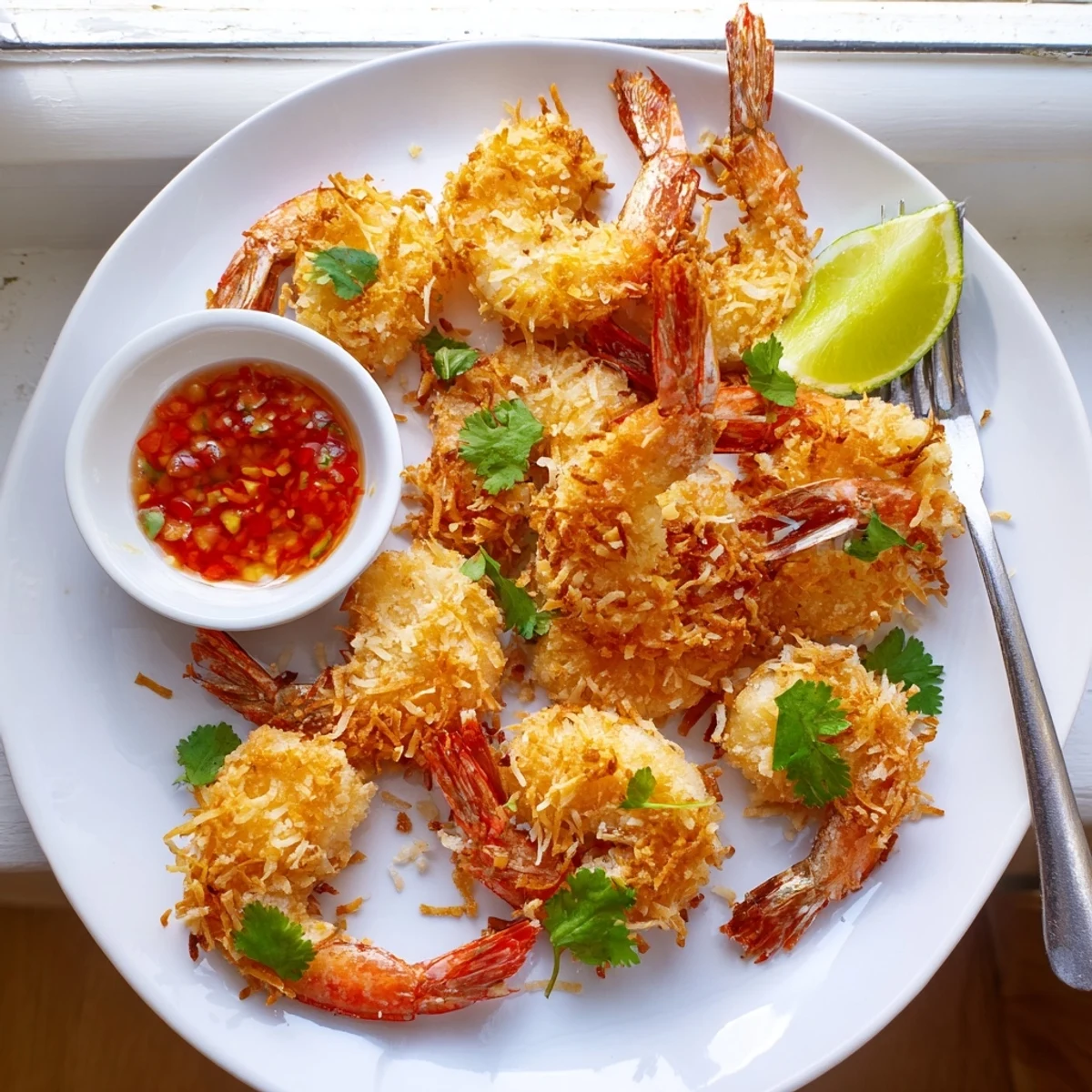 Golden fried Crispy Coconut Shrimp with a crunchy coconut crust, stacked high and ready for a party appetizer platter.  