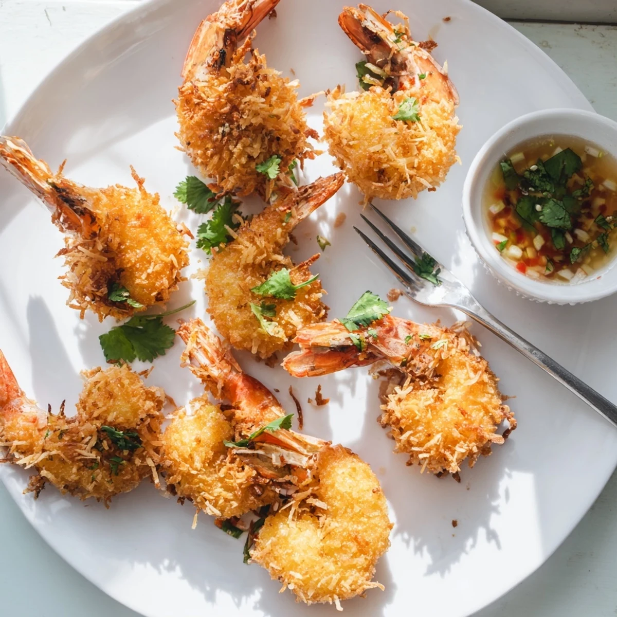 Homemade Crispy Coconut Shrimp, lightly fried to perfection, paired with tangy sweet chili sauce for an irresistible snack.