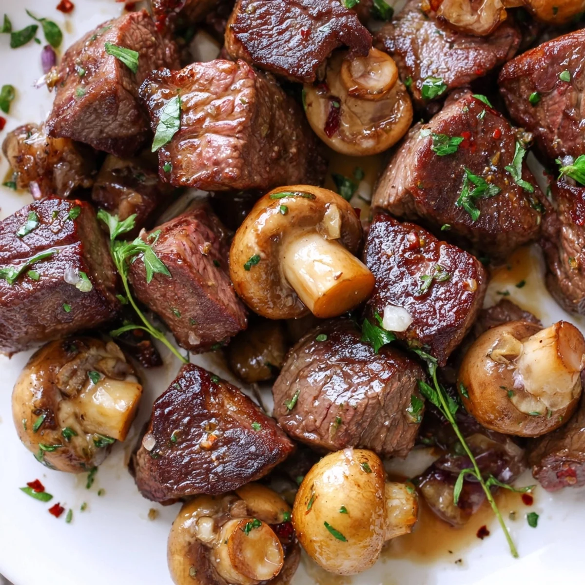 Sizzling Garlic Butter Steak Bites with Mushrooms in a rich, buttery sauce, garnished with fresh parsley on a rustic plate.  
