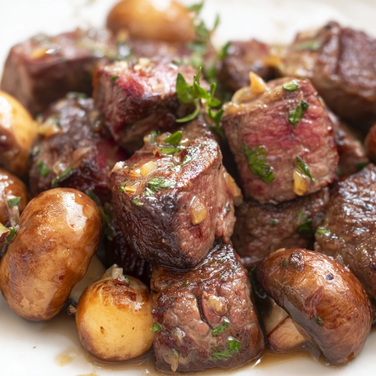 Golden steak bites and sautéed mushrooms in garlic butter, served with crusty bread for a comforting weeknight dinner.  