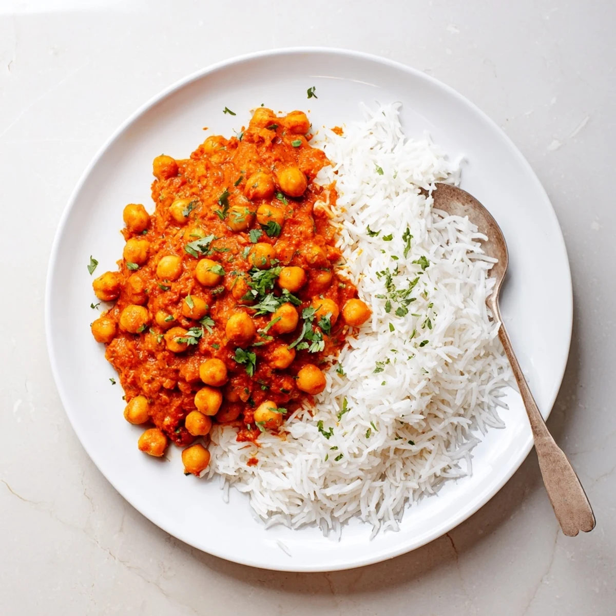 Close-up of Vegan Chickpea Tikka Masala over fluffy basmati rice, steam rising from the rich tomato coconut sauce.  