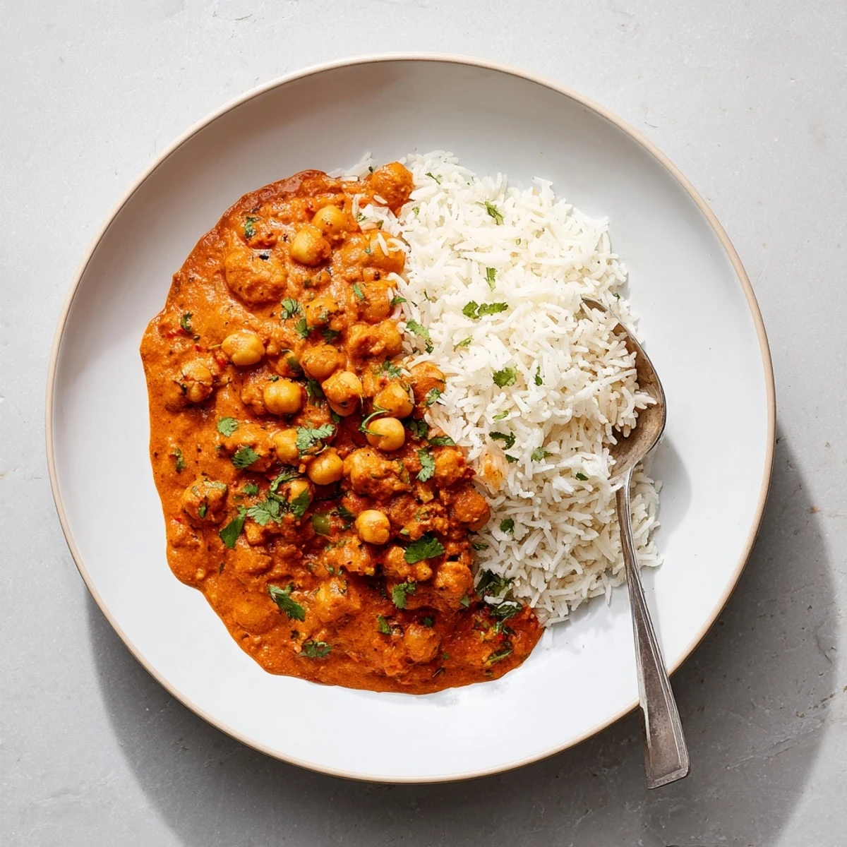 Creamy Vegan Chickpea Tikka Masala with rice, garnished with fresh cilantro and lemon wedges on a rustic table.  