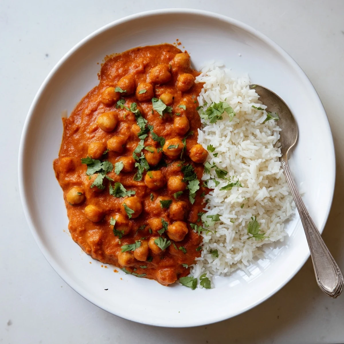 Serving suggestion for Vegan Chickpea Tikka Masala with rice, brightened by lemon wedges and fresh cilantro garnish.