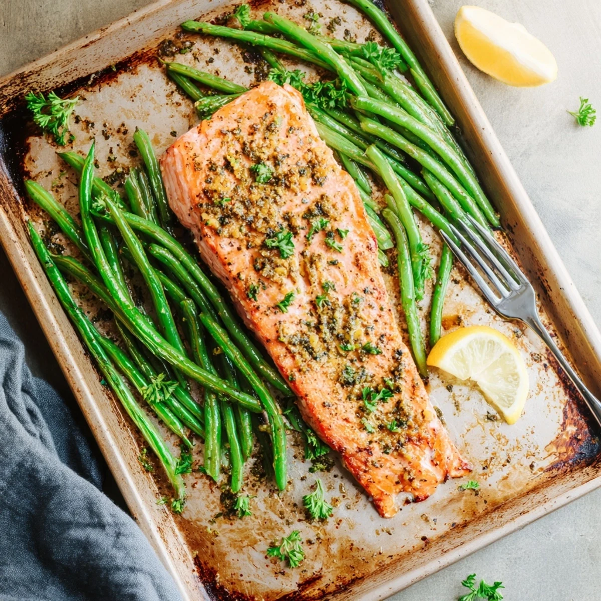 Tender salmon fillets roasted alongside crisp green beans on a single sheet pan, seasoned with lemon and garlic.