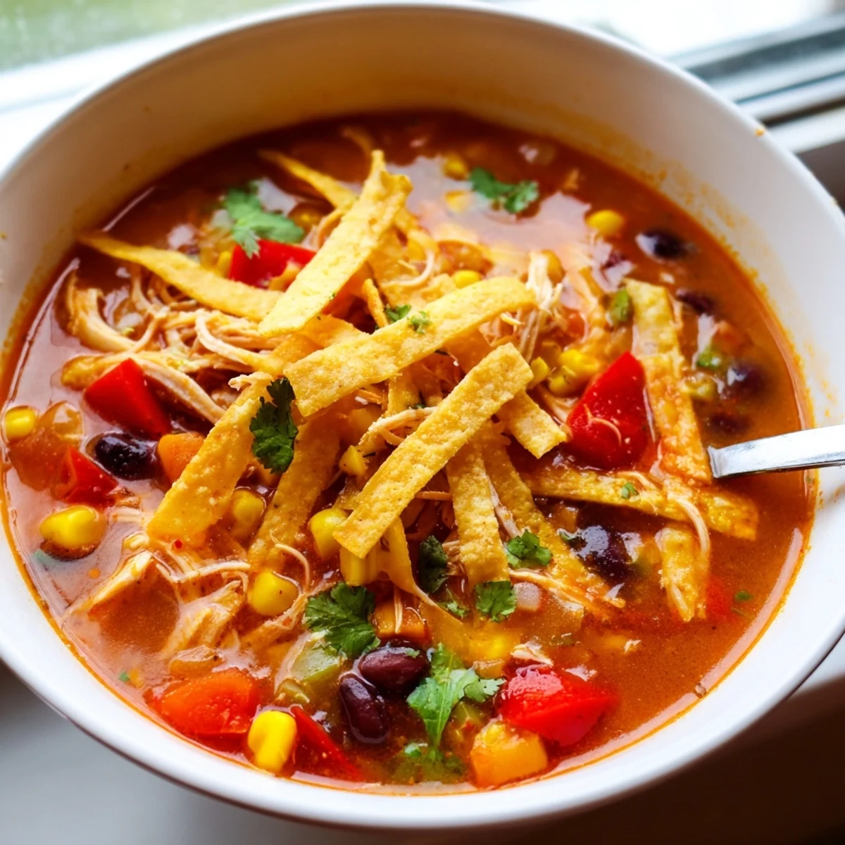 A warm bowl of Chicken Tortilla Soup garnished with avocado, cilantro, and crispy tortilla strips.
