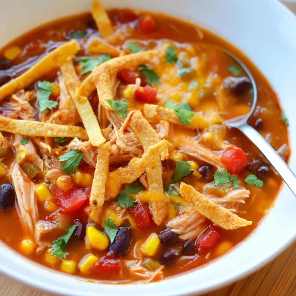 Steaming Chicken Tortilla Soup served with lime wedges and shredded cheese on a rustic table.