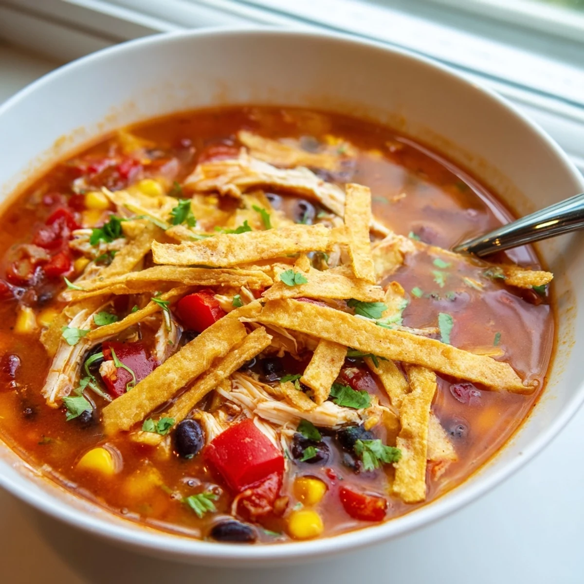 Comforting Mexican-inspired Chicken Tortilla Soup topped with crispy strips, beans, and fresh cilantro.