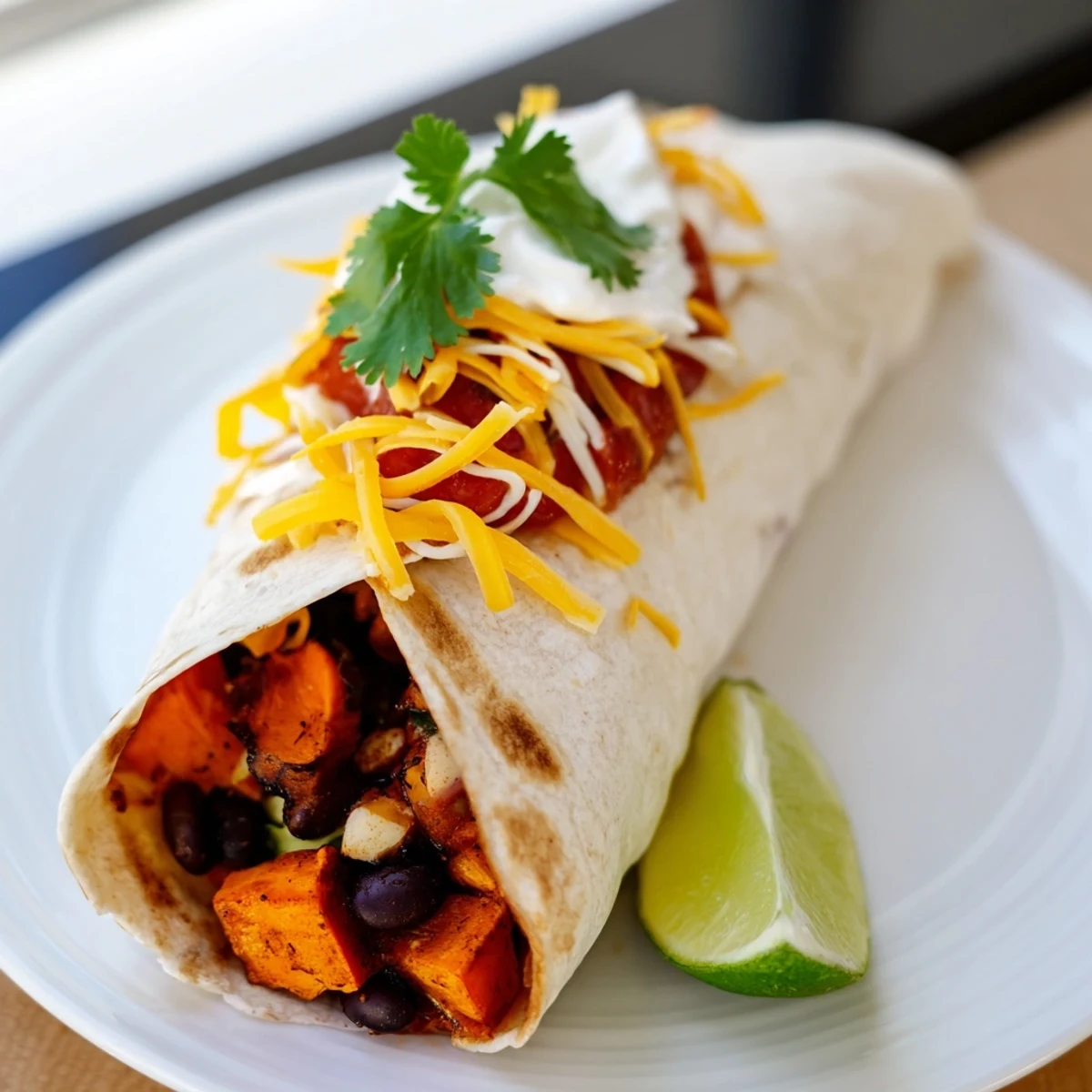 Golden roasted sweet potatoes and black beans nestled in a warm flour tortilla, topped with fresh cilantro and a dollop of sour cream.
