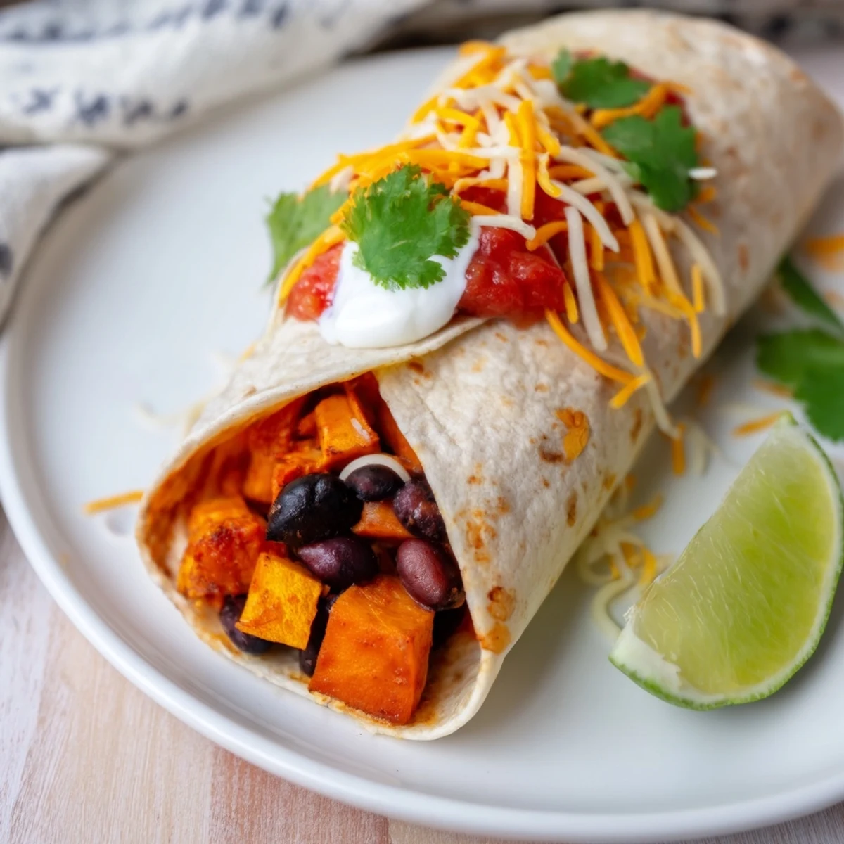 Freshly assembled Roasted Sweet Potato and Black Bean Burritos, filled with spiced vegetables and ready to serve with lime wedges on the side.