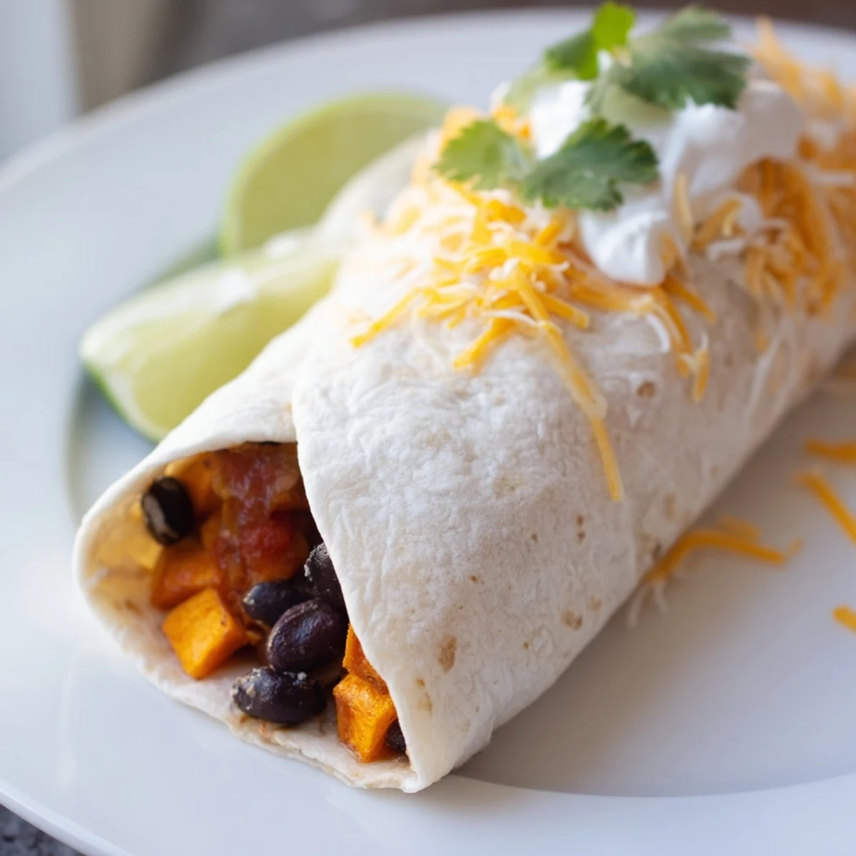 Close-up of a hearty Roasted Sweet Potato and Black Bean Burrito cut in half, revealing the vibrant orange and black bean filling.